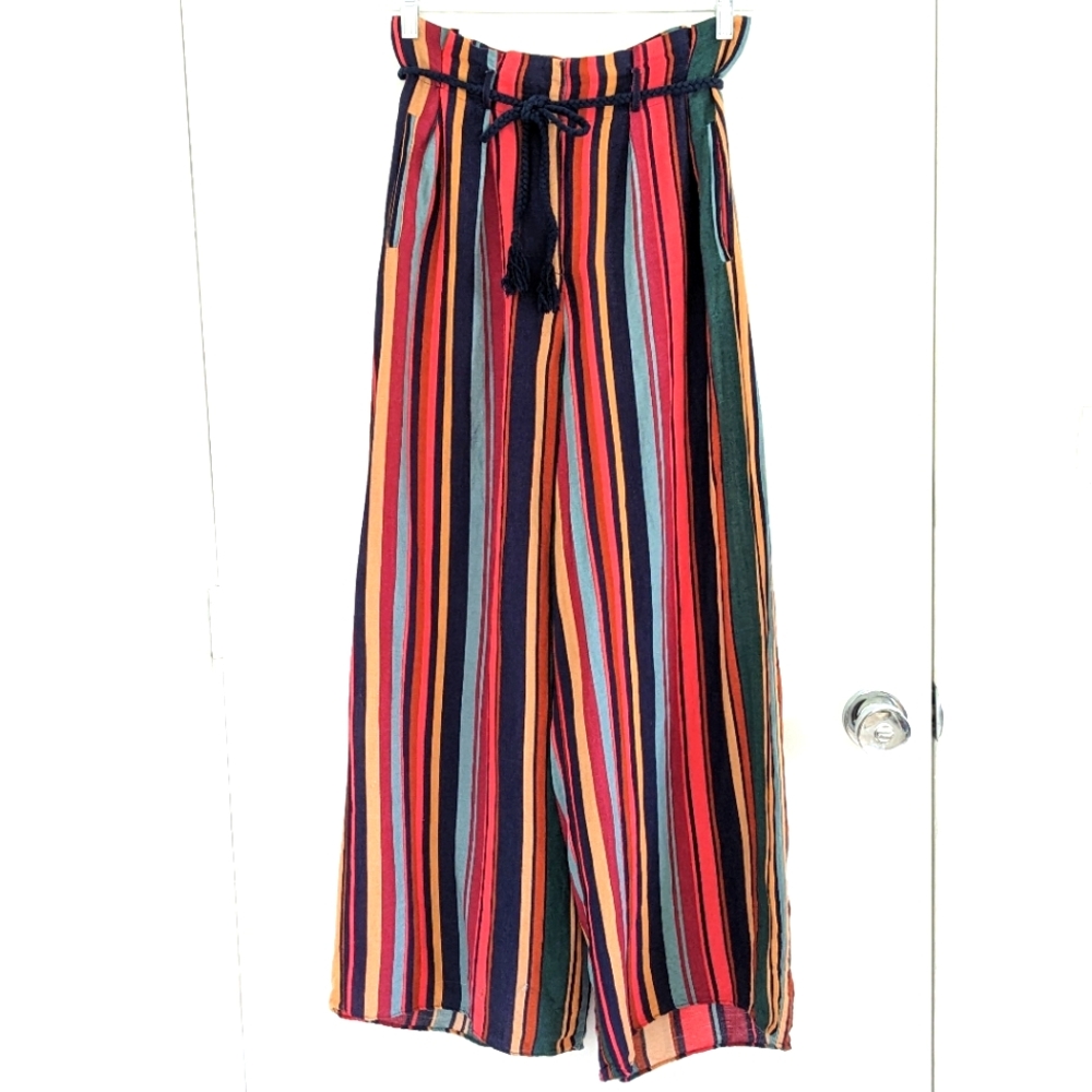 Farm Rio x Anthropologie Multi Color Stripe Wide Leg Linen Paperbag Waist Pants